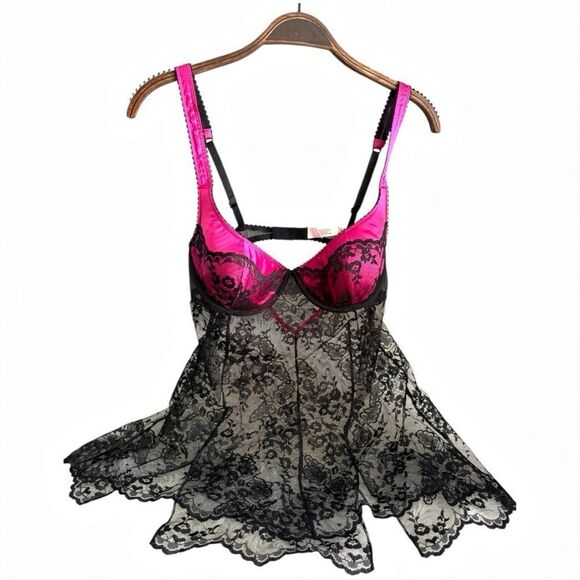 Sexy Sheer Black Lace & Hot Pink Lingerie Babydoll 36C New Without Tags - Picture 14 of 17